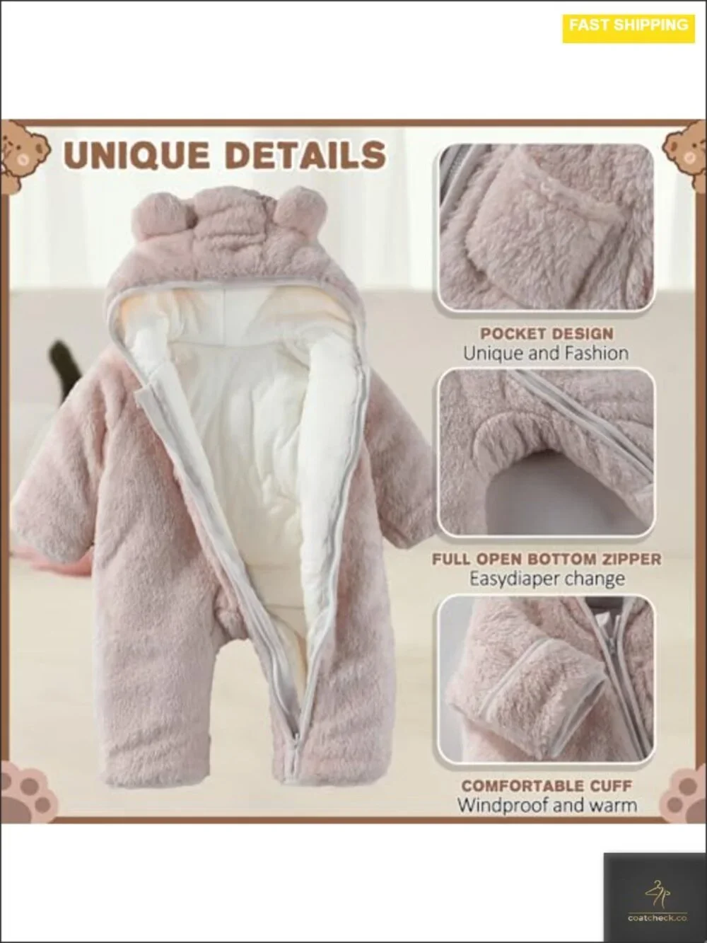 Newborn Baby Bear Fleece Hooded Romper with Fold-Over Mittens and Footies
